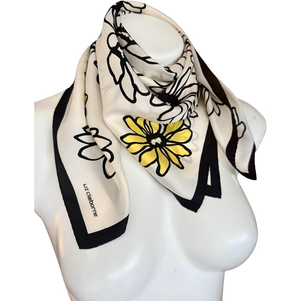 Vintage Liz Claiborne 90s Silk Daisy Print Scarf Black White Yellow 26 Inch - Picture 2 of 14